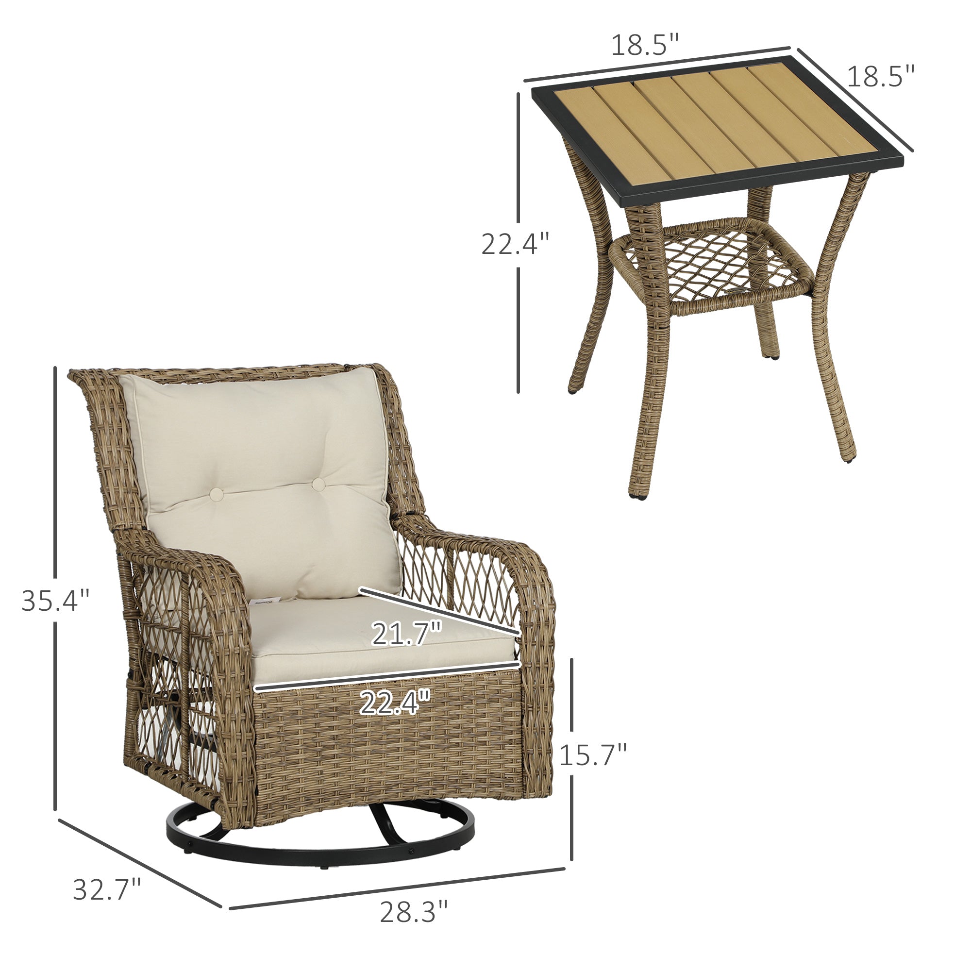 3-teiliges Outdoor-Bistro-Set, Korbmöbel-Kleines Terrassenmöbel-Set mit drehbaren Schaukelstühlen für Balkon, Veranda, Beige