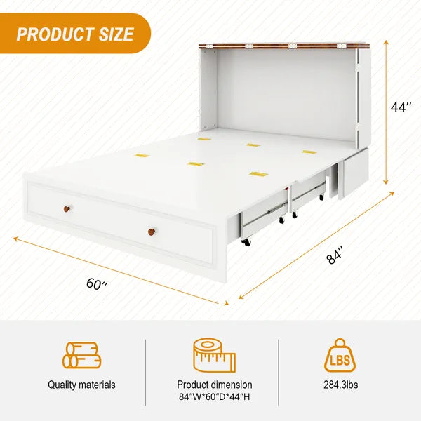 Queen-Size-Murphy-Bettgestell mit Schubladen, Murphy-Bett mit Lade-Station, 2 USB-Anschlüssen, mobiles Murphy-Bett als Schlafanordnung für vielseitige Bereiche im Schlafzimmer, Wohnzimmer, Gästezimmer, Weiß & Holz