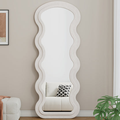 Flanell-Wandspiegel in Wellenform, volle Länge, Bodenspiegel für Schlafzimmer und Wohnzimmer, hängend oder an die Wand gelehnt, weiß