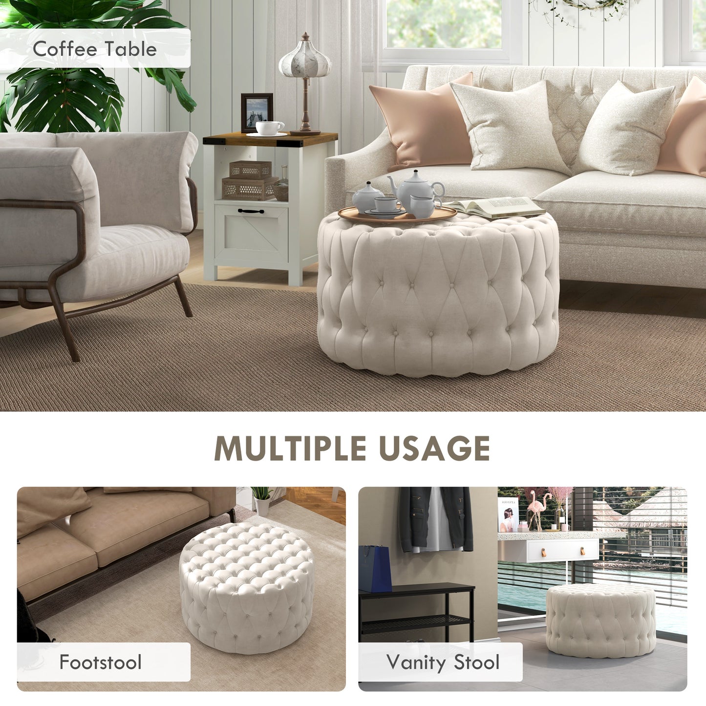 Round Ottoman Coffee Table with Velvet-feel Upholstery