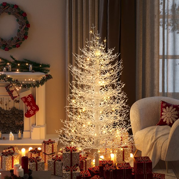 4FT Vorbeleuchteter Aspen-Fir-Künstlicher Weihnachtsbaum, Scharnierter Weihnachtsbaum mit 280 Schnee-bestäubten Astspitzen, 230 Warmweißen LED-Lichtern, Feiertags-Korallen-Weihnachtsbaum für Zuhause und Party
