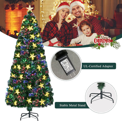 6FT Vorbeleuchteter Glasfaser-Weihnachtsbaum mit großen Sternen, künstlicher Weihnachtsbaum Fichte mit farbwechselnden optischen Glasfasernlichtern, mit Metallständer, vollständiger Baum für die Feiertagsdekoration