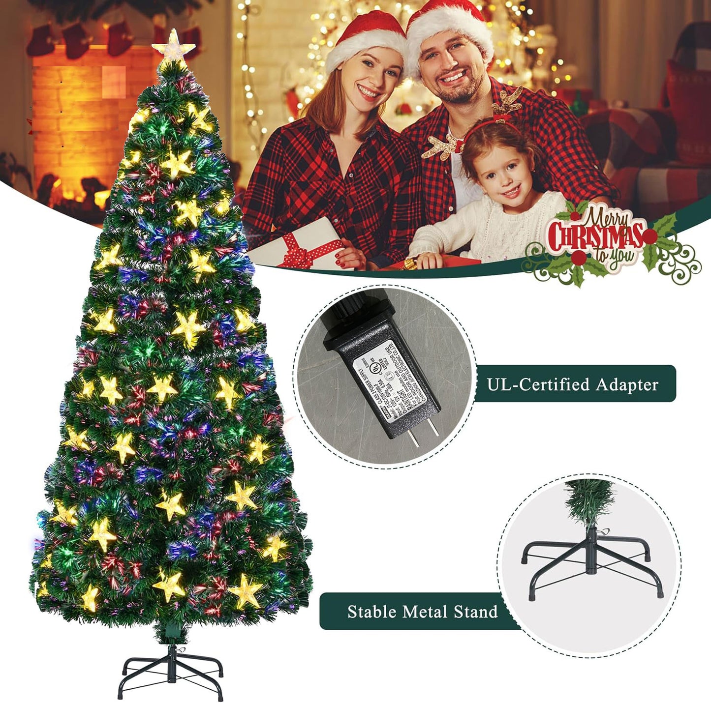 7FT Vorbeleuchteter Glasfaser-Weihnachtsbaum mit großen Sternen, Künstlicher Weihnachtsbaum Fichte grüner Baum mit Metallständer, Voller Baum für Feiertagsdekoration
