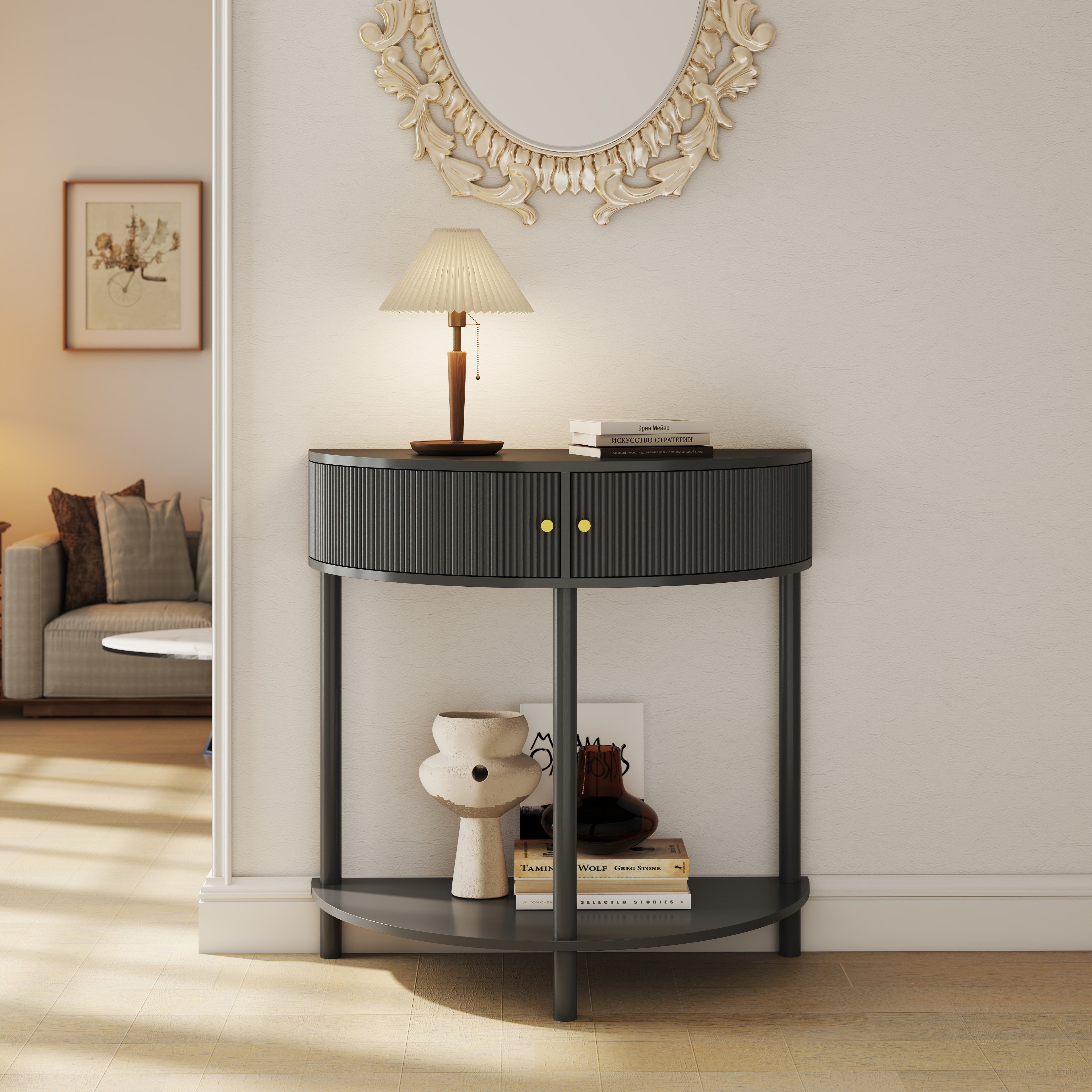 Wave-Pattern Console Table Dark Gray Living Room