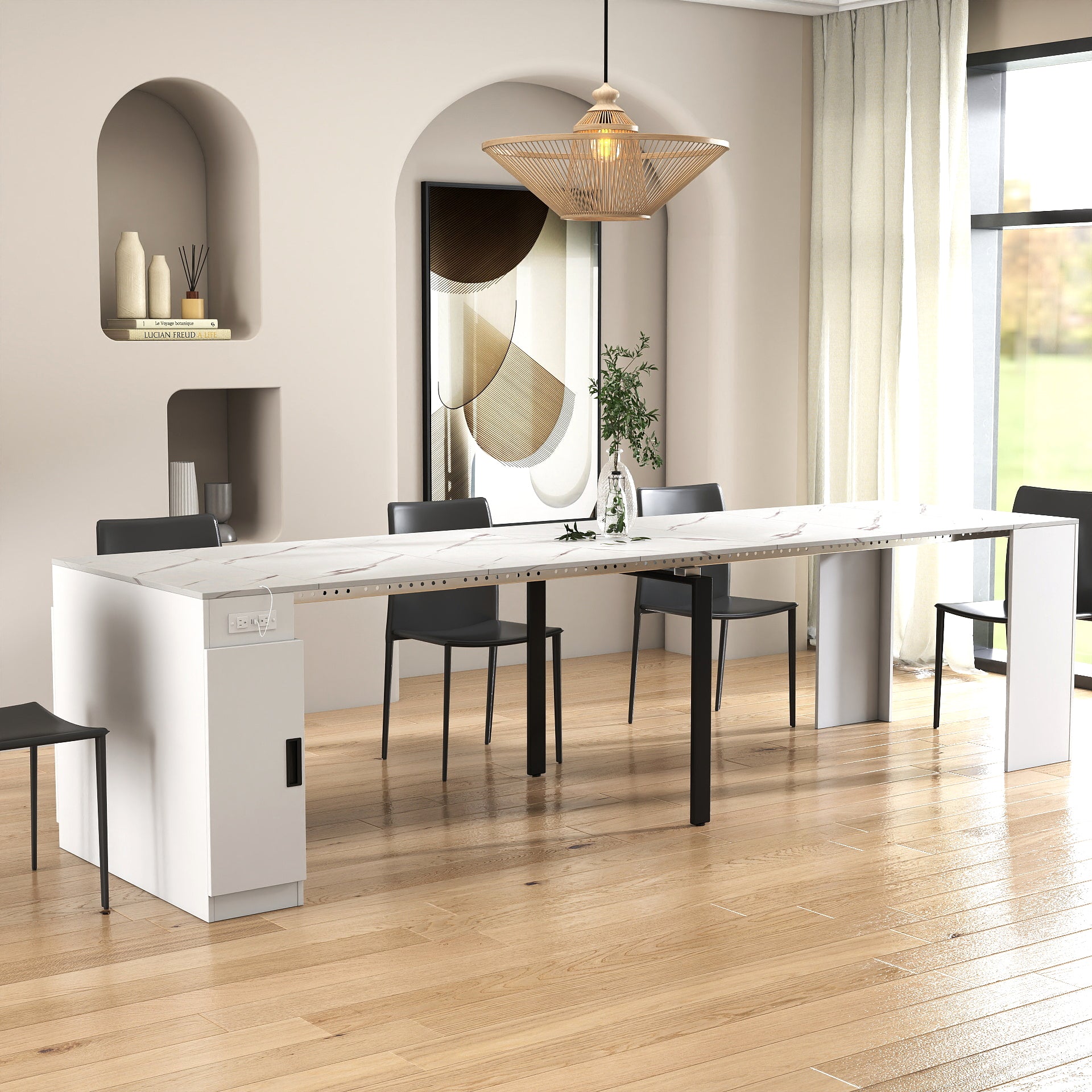 Moderne multifunktionale ausziehbare Esstisch mit Steckdose, platzsparender ausklappbarer Tisch mit Stauraum für Partys, Hochzeiten, Meetings und Feiern