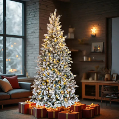 7 FT Schneebeflockte Vorbeleuchtete Künstliche Bleistift-Weihnachtstanne, Gelenkige Weihnachtstanne mit 1100 Astspitzen und 400 Lichtern für Feierbüro Zuhause, Schneebedeckt Grün