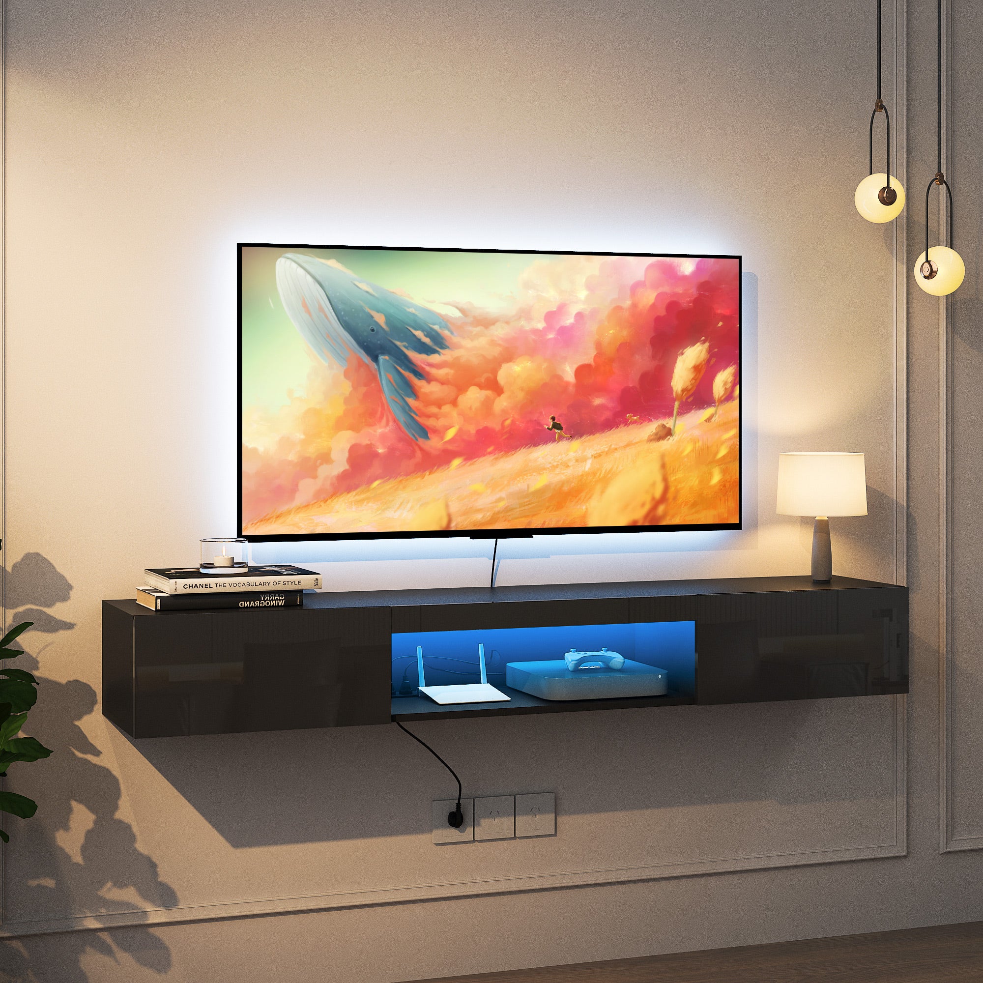 Schwebender TV-Ständer Wandmontiert mit 16-farbigen LEDs Moderner TV-Ständer, Schwebender TV-Schrank Entertainment-Center für 55 60 65 Zoll TV, Schwarz