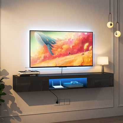 Schwebender TV-Ständer Wandmontiert mit 16-farbigen LEDs Moderner TV-Ständer, Schwebender TV-Schrank Entertainment-Center für 55 60 65 Zoll TV, Schwarz