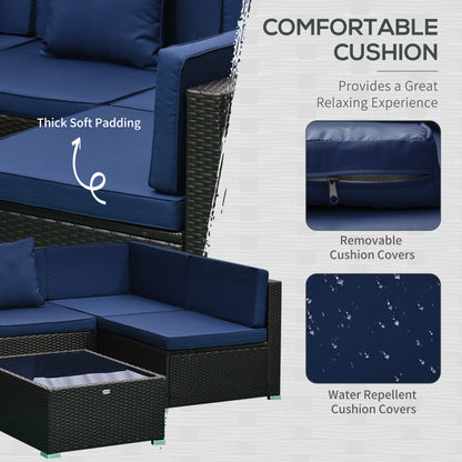 7-teiliges Rattan-Sofa, Outdoor-Patio-Möbelset mit abnehmbaren Kissen und Hocker, Glas-Couchtisch – Dunkelbraun Blau