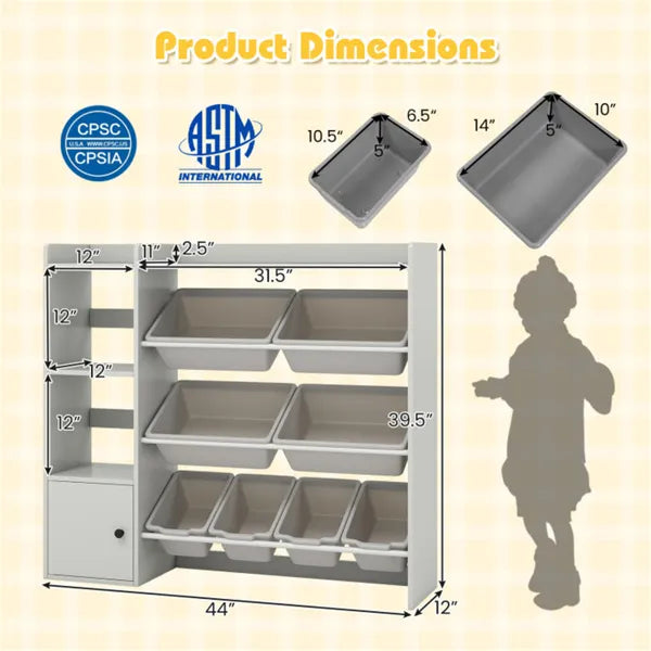 Kinder-Spielzeug-Organizer (Grau) - 112 cm x 30,5 cm x 100 cm, 8 Aufbewahrungsboxen, offene Regale + Schrank.