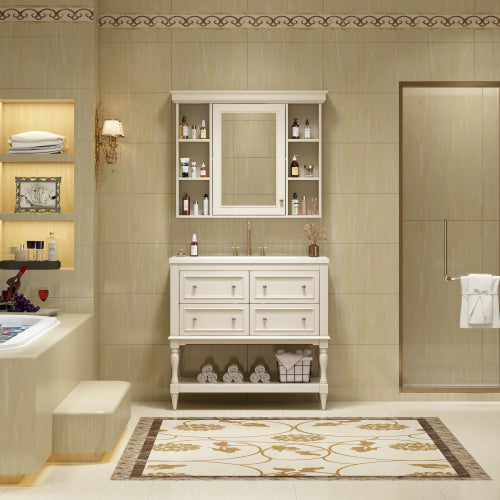 36'' Bathroom Vanity With Medicine Cabinet, Modern Mirror Cabinet With Adjustable Shelf, Bathroom Storage Cabinet With 4 Drawers, Solid Wood Frame Bathroom Storage Cabinet