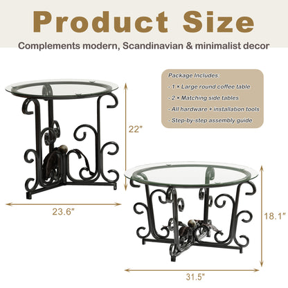 3-teiliges Couchtisch-Set, gehärtete Glasoberfläche mit robustem Metallrahmen – Moderne Wohnzimmer-Sets: 1 Couchtisch, 2 Beistelltische, kratzfest & leicht zu reinigen für kleine Räume, Wohnungen
