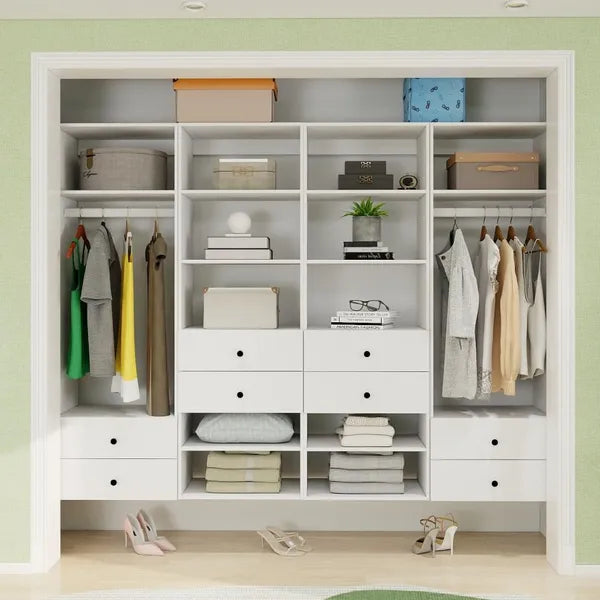 Schrankorganisationssystem, Wandmontierter Schrankaufbewahrungsbereich mit Schubladen und Regalen, Schrankaufbewahrung für das Schlafzimmer, Weiß