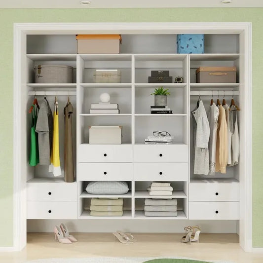 Schrankorganisationssystem, Wandmontierter Schrankaufbewahrungsbereich mit Schubladen und Regalen, Schrankaufbewahrung für das Schlafzimmer, Weiß