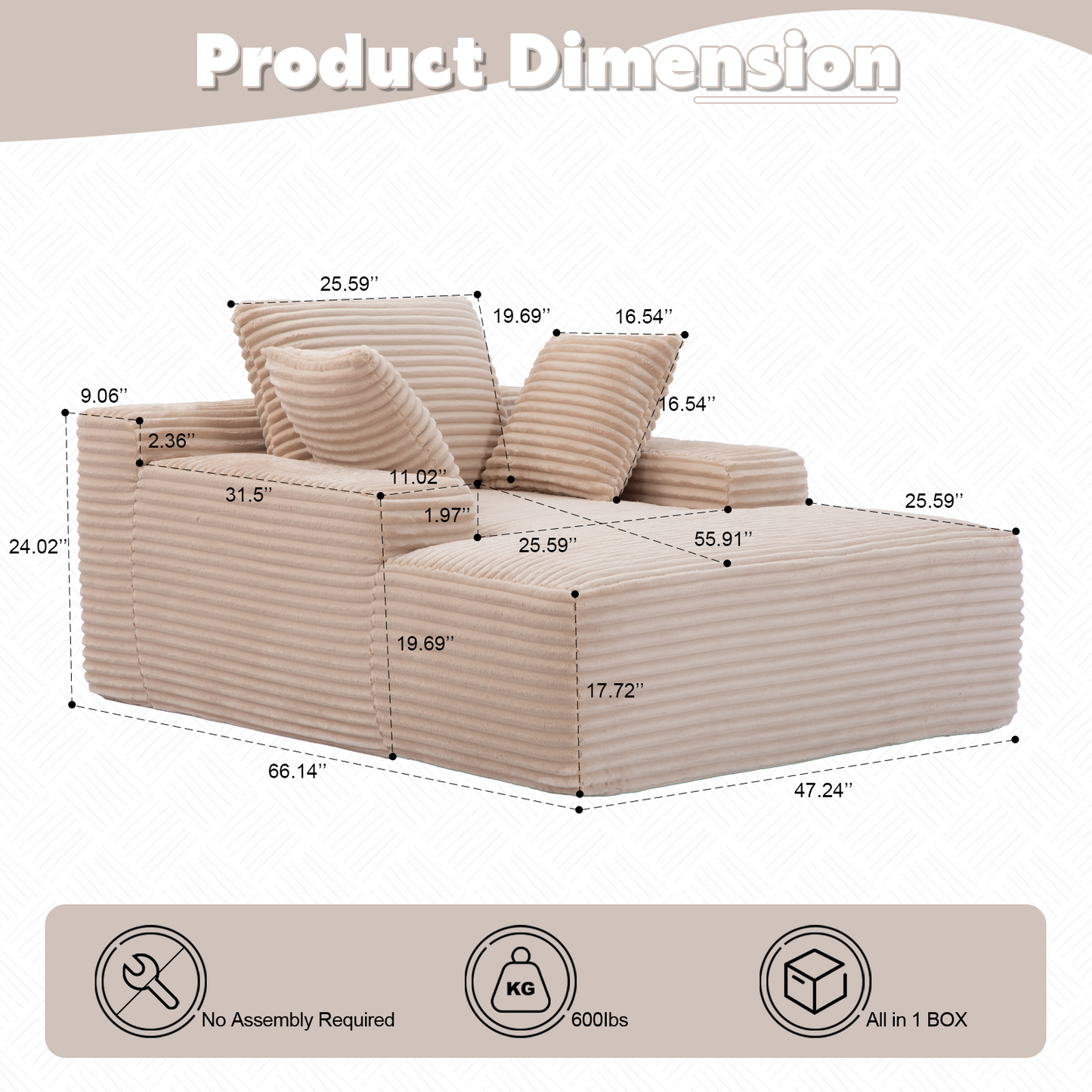 Überdimensionierter Chaiselongue-Sessel Gemütliches Wolken-Sofa, Modern gepolstertes Cord-Stoff bezogenes Schlafcouch-Tagbett mit 3 Dekokissen und breiter Armlehne für das Wohnzimmer, keine Montage erforderlich, Beige