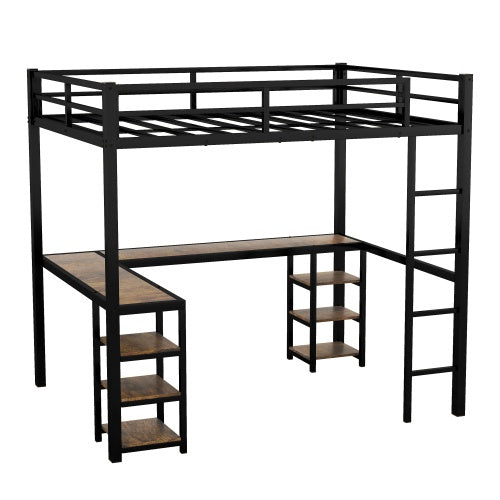 Vollständiges XL Metall-Hochbett mit Schreibtisch und Regalen, Hochbett mit Leiter und Geländern, Hochbett-Rahmen für das Schlafzimmer, Schwarz