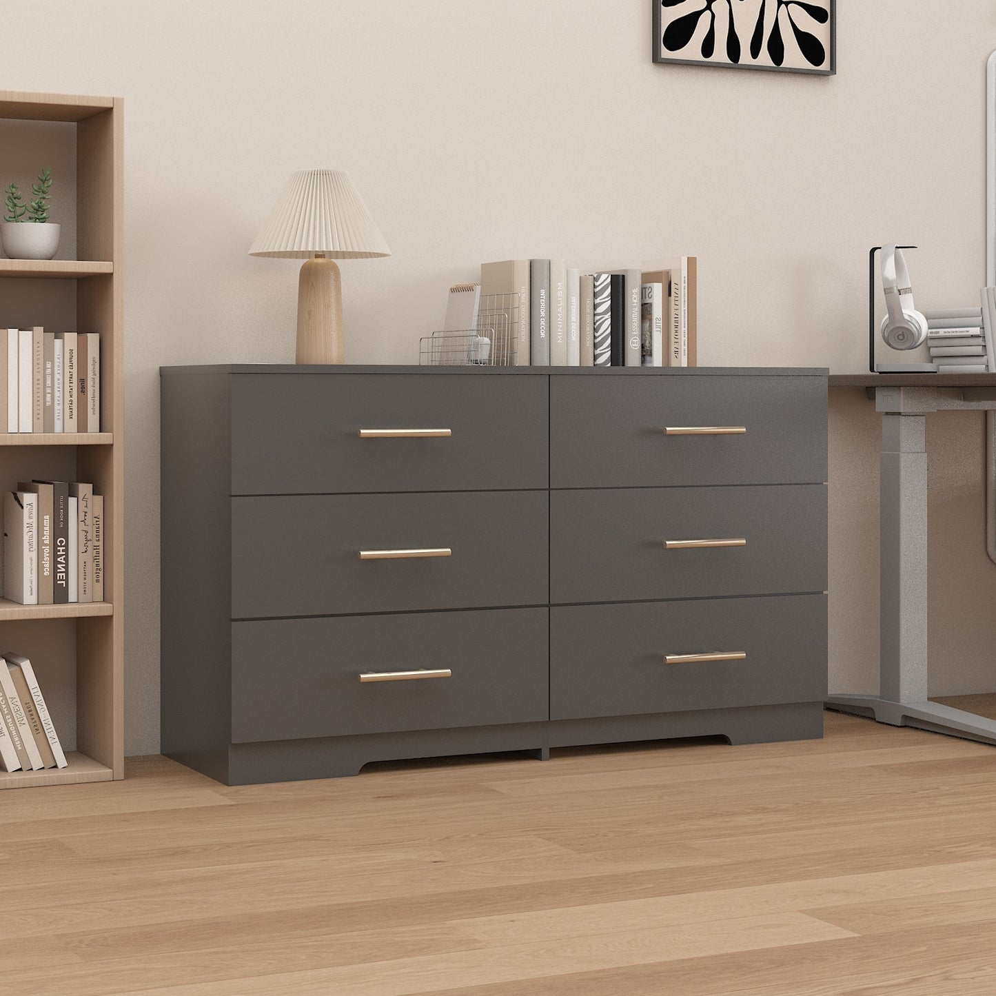 Schwarze große Kommode mit 6 Schubladen und goldenem Griff
