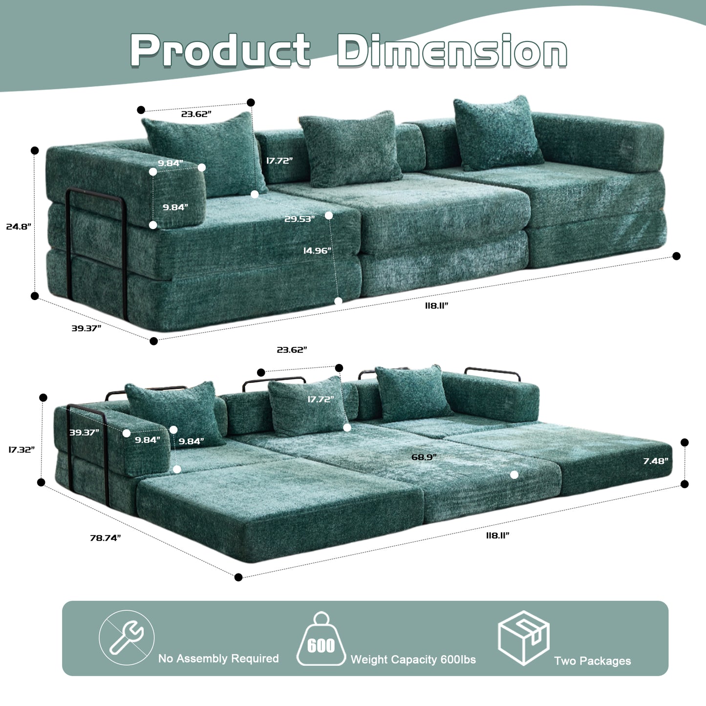 Kompressions-Sofa, Umwandelbares Boden-Sofa-Bett mit feststehendem Rahmen, Knochenloses modulares Sektionalsofa, Keine Montage erforderlich, Chenille-Stoff, für Wohnzimmer und Schlafzimmer, Dunkelgrün