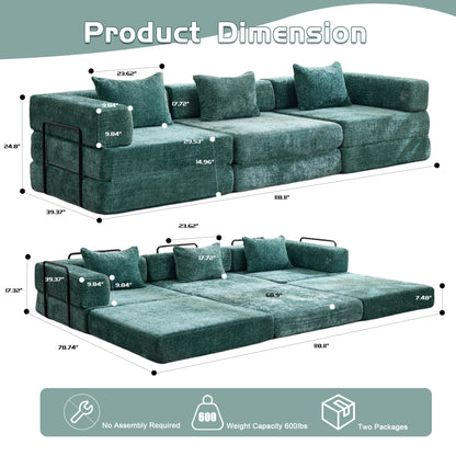 Kompressions-Sofa, Umwandelbares Boden-Sofa-Bett mit feststehendem Rahmen, Knochenloses modulares Sektionalsofa, Keine Montage erforderlich, Chenille-Stoff, für Wohnzimmer und Schlafzimmer, Dunkelgrün