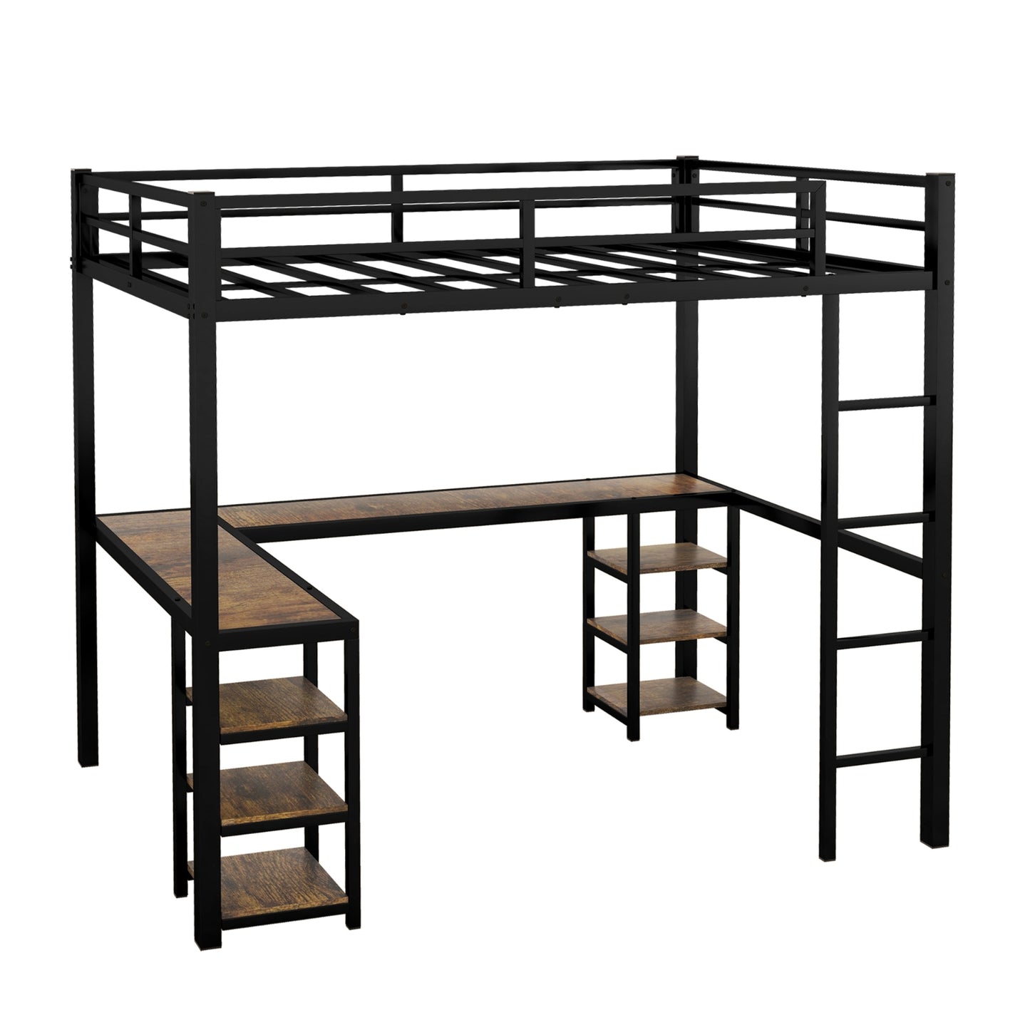 Vollmetall-Hochbett mit Schreibtisch und Regalen, Hochbett mit Leiter und Geländern, Hochbett-Rahmen für B