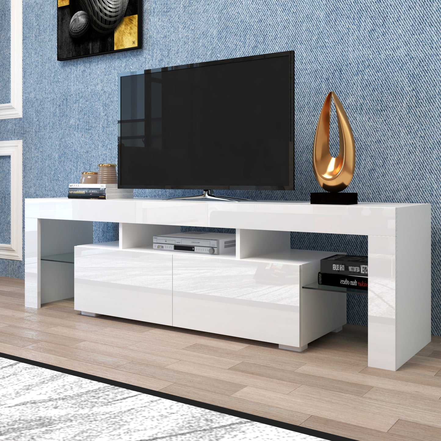 Moderne weiße TV-Ständer, 20-Farben-LED-TV-Ständer mit Fernbedienung für Lichter