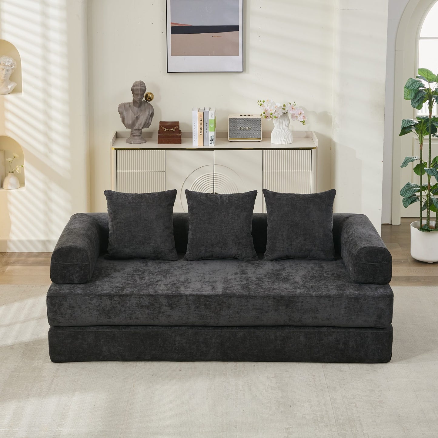 Komfortables umklappbares Matratzen-Sofabett, Boden-Sofabett, Chenille-Boden-Sofa mit Armlehne, Boden-Sofa-Lounge-Couch für Wohnzimmer, Schlafzimmer, Lounge und Studio – Schwarz
