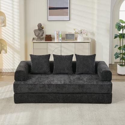 Komfortables umklappbares Matratzen-Sofabett, Boden-Sofabett, Chenille-Boden-Sofa mit Armlehne, Boden-Sofa-Lounge-Couch für Wohnzimmer, Schlafzimmer, Lounge und Studio – Schwarz