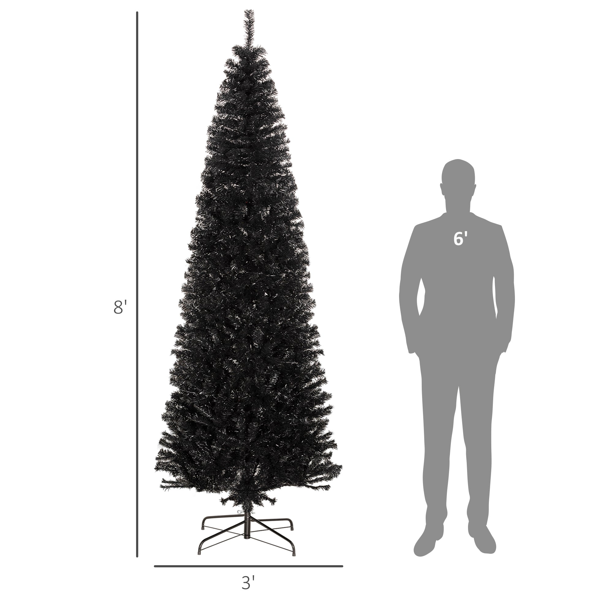 HOMCOM 2,4 m Bleistift-Weihnachtsbaum, unbeleuchteter künstlicher Weihnachtsbaum schlanker Douglasie Tannenbaum mit realistischen Ästen, Halloween-Baum mit 1168 Spitzen, schwarz