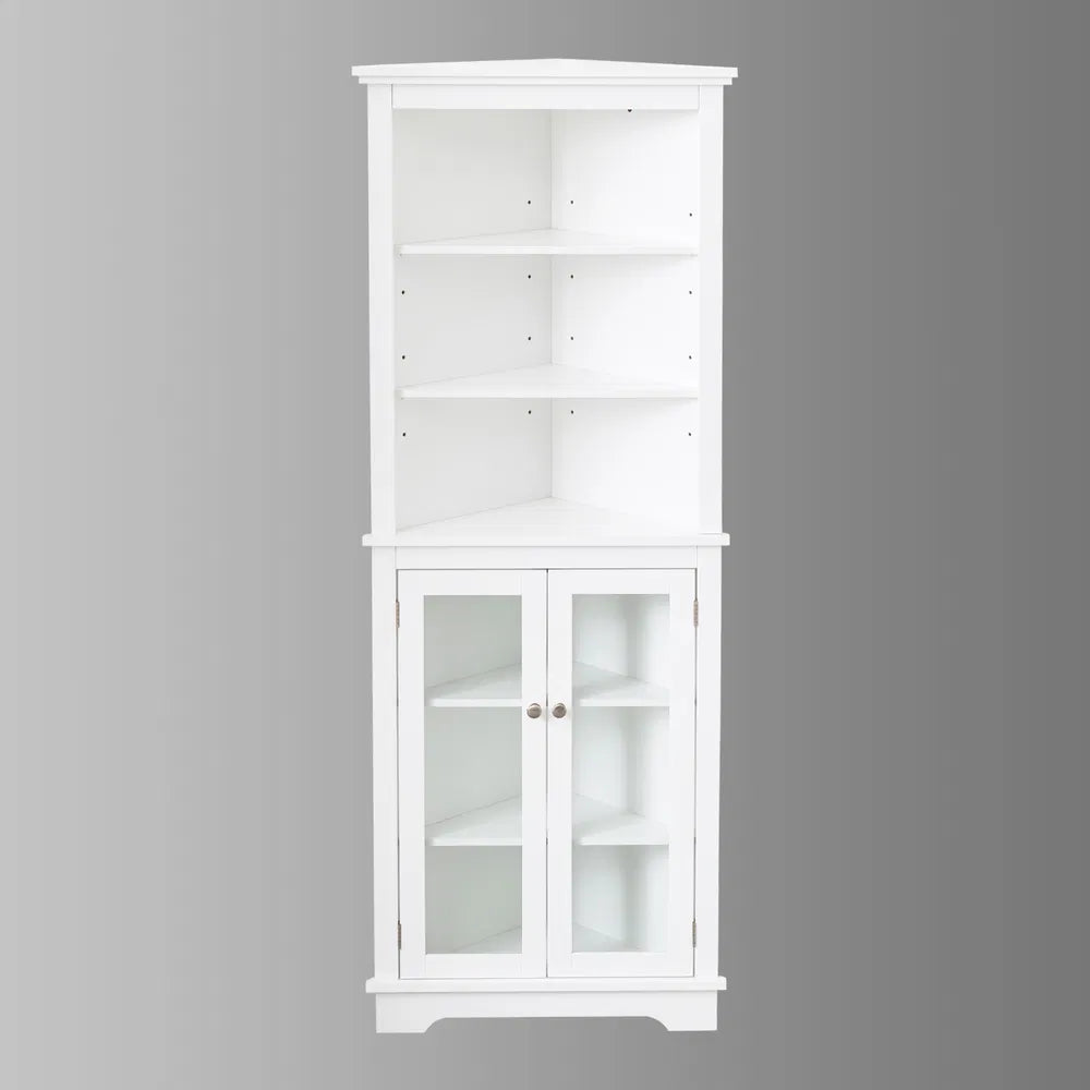 FRALIMK Mattweiß Hoher Eckschrank für die Ecke, Bodenspeicher Schmale Organisatoren mit Doppeltür aus Glas und einstellbaren Regalen