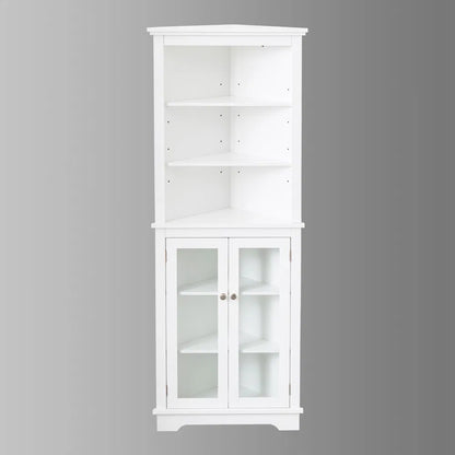 FRALIMK Mattweiß Hoher Eckschrank für die Ecke, Bodenspeicher Schmale Organisatoren mit Doppeltür aus Glas und einstellbaren Regalen