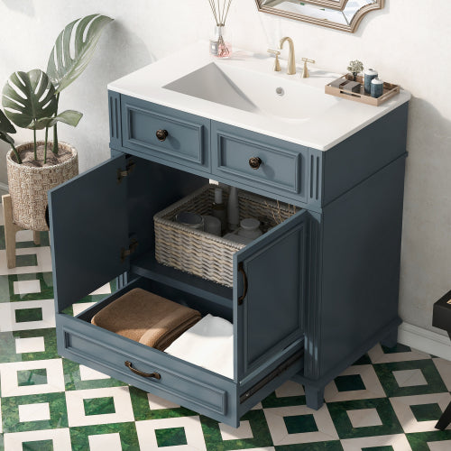 30'' Badezimmer-Waschständer mit Keramikwaschbecken, Badezimmer-Aufbewahrungsschrank mit Massivholzrahmen und weich schließenden Türen, Retro-Stil, Blau