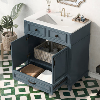 30'' Badezimmer-Waschständer mit Keramikwaschbecken, Badezimmer-Aufbewahrungsschrank mit Massivholzrahmen und weich schließenden Türen, Retro-Stil, Blau