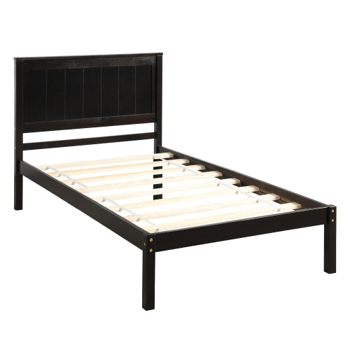 Bettgestell mit Kopfteil, Holzlamellenunterstützung, Kein Lattenrost erforderlich, Einzelbett, Espresso