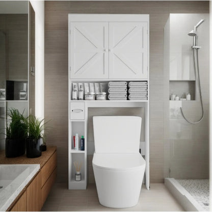 Über-Die-Toilette-Speicherschrank mit 2 Türen, platzsparender Toilettenständer für Zuhause, im Landhausstil für Badezimmer, Toilette, Wäscheraum
