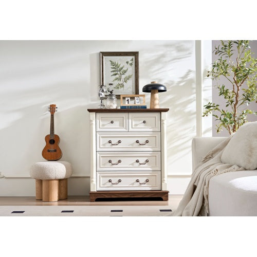 Landhaus-Stil 5-Schubladen-Kommode mit Basis, Holzschnitzerei rustikale Schubladenschrank, Aufbewahrungskommode für Schlafzimmer, Wohnzimmer, schön robust und langlebig