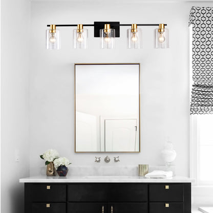 5-Lichtige Badezimmerleuchten in mattschwarzer und mattgoldener Farbe, moderne Waschtischleuchten mit Glasschirm, Vintage-Leuchten für Badezimmer über dem Spiegel, Wandlichter für Küche, Esszimmer, Schlafzimmer und Flur