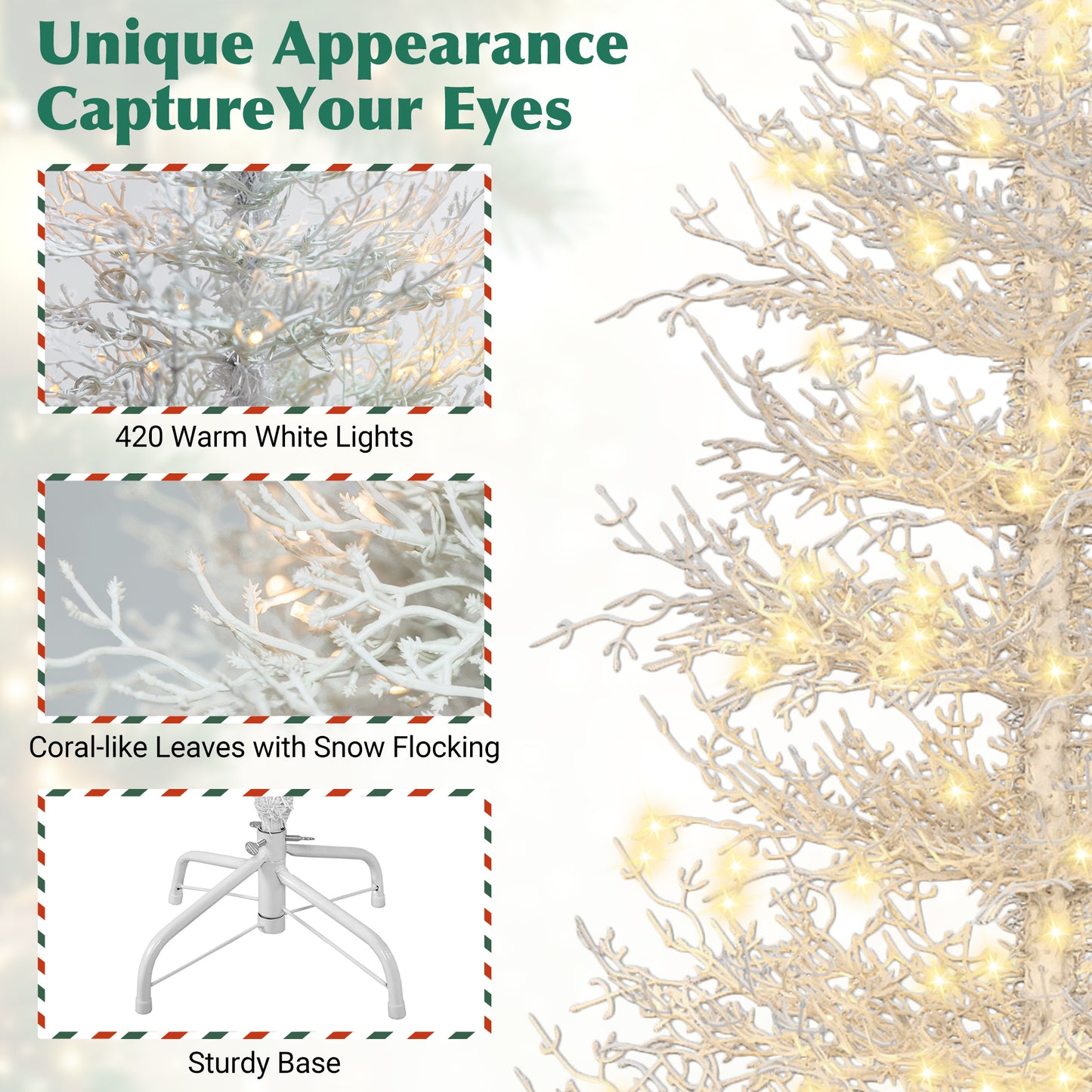 6FT Pre-lit  Aspen Fir  Artificial Christmas Tree, Hinged Xmas Tree 623 Snow Flocked Branch Tips, 420 Warm White LED Lights, Holiday Coral Christmas Tree For Home Party