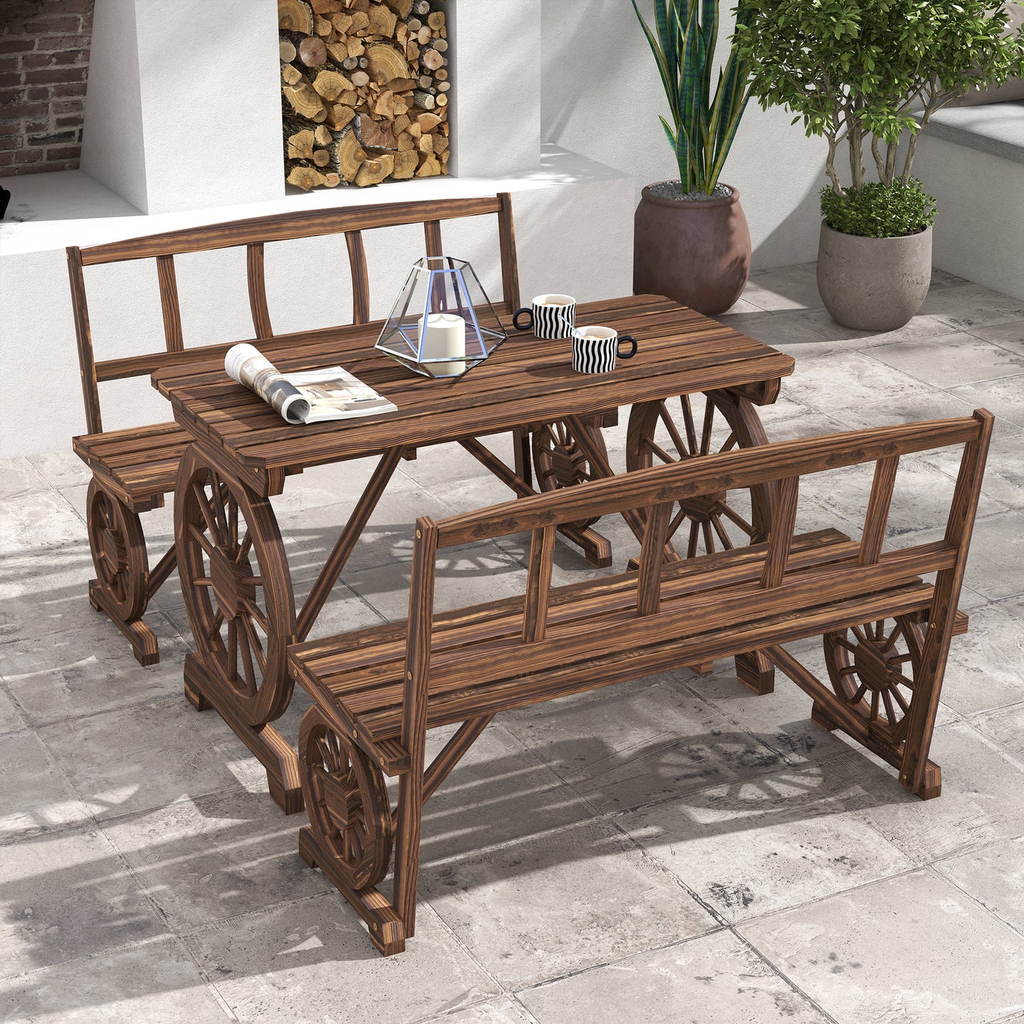 Gartentisch und Stühle für 4 Personen, Wagenrad-Design, Outdoor-Möbelset für Garten, Hinterhof, karbonisiert