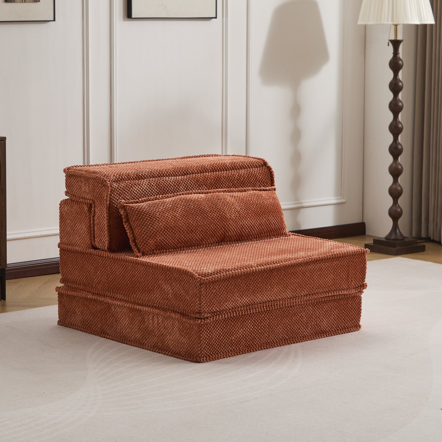 Kompressions-Mahjong-Sofa, Umwandelbares Boden-Sofabett, DIY Knochenloses Modulares Sektionalsofa, Keine Montage Erforderlich, Kreisförmiger Fleece-Stoff, Überdimensioniertes Einzelsofa mit 1 Kissen, Orange