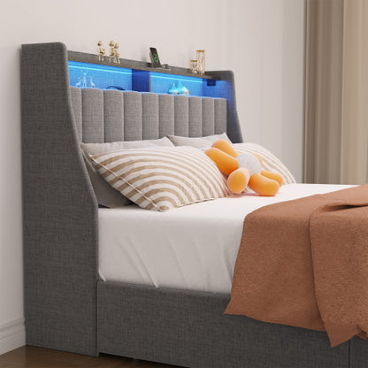 Bettgestell in voller Größe mit LED, 4 unter dem Bett portablen Stauraumschubladen, Flügel-Kopfteil-Design, Hellgrau
