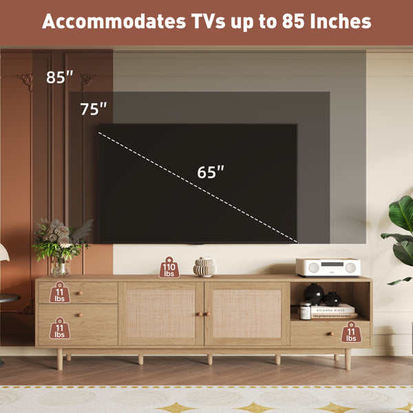 Boho-Fernsehtisch für 65-, 75-, 85-Zoll-Fernseher, Medienzentrale mit offener Aufbewahrung und Schubladen, modernes Holzmöbel für TV-Geräte mit echtem Rattan