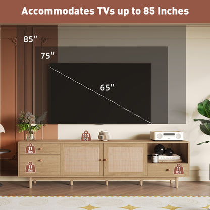 Boho-Fernsehtisch für 65-, 75-, 85-Zoll-Fernseher, Medienzentrale mit offener Aufbewahrung und Schubladen, modernes Holzmöbel für TV-Geräte mit echtem Rattan