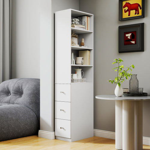 70,87 H Display-Schrankschrank, 4-stufiges Regal, 3 seitliche Schubladen, moderner hölzerner hoher Bücherregal-Bücherschrank für Wohnzimmer und Home-Office