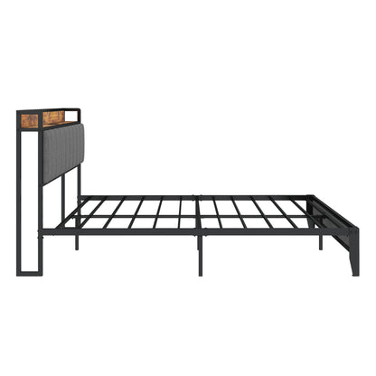 Bettgestell in Queensize mit Lade-Station, gepolstertem Kopfteil, Metallplattform, Grau