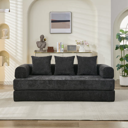 Komfortables umklappbares Matratzen-Sofabett, Boden-Sofabett, Chenille-Boden-Sofa mit Armlehne, Boden-Sofa-Lounge-Couch für Wohnzimmer, Schlafzimmer, Lounge und Studio – Schwarz