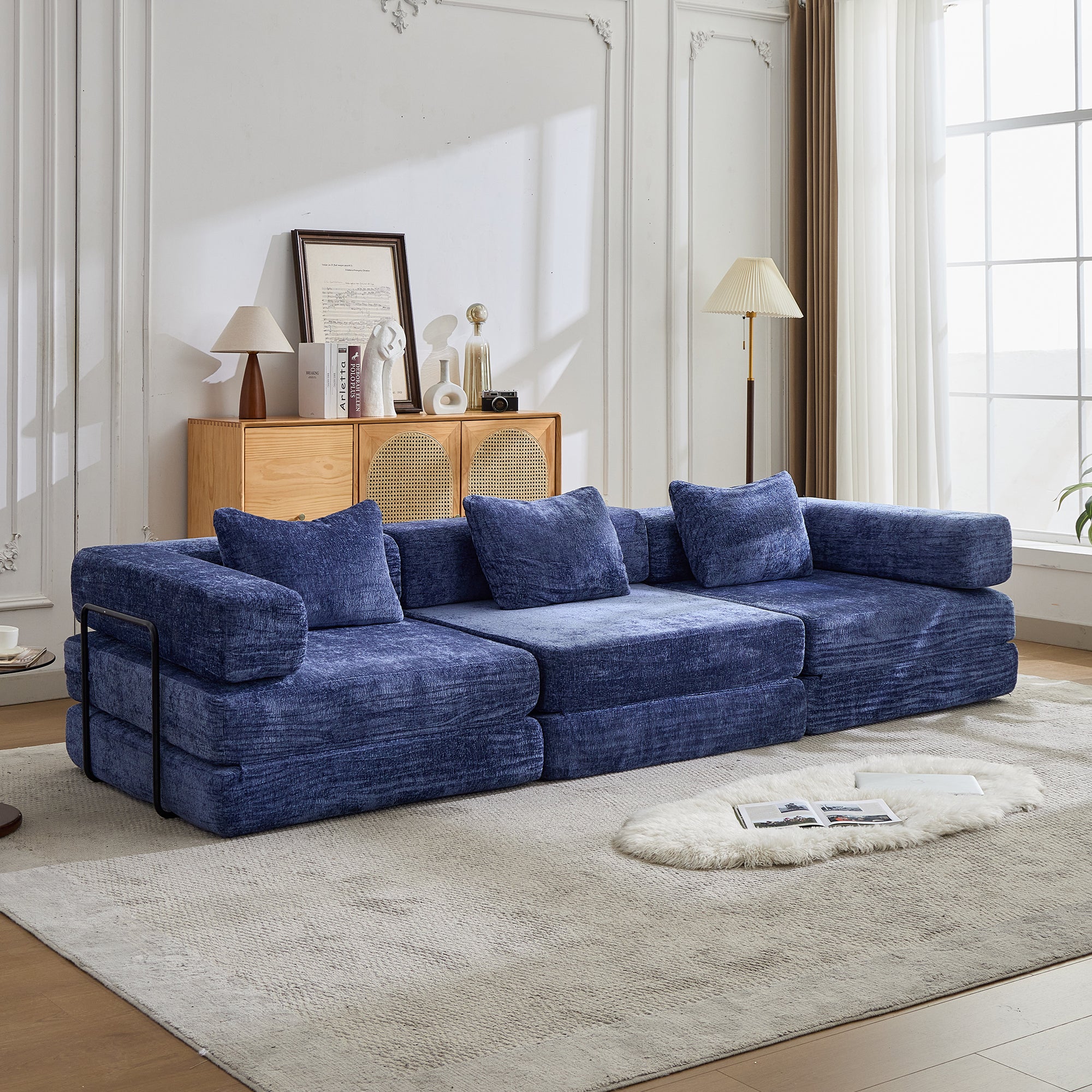 Kompressions-Sofa, Umwandelbares Boden-Sofa-Bett mit feststehendem Rahmen, Knochenloses modulares Sektionalsofa, Keine Montage erforderlich, Chenille-Stoff, für Wohnzimmer und Schlafzimmer, Dunkelblau