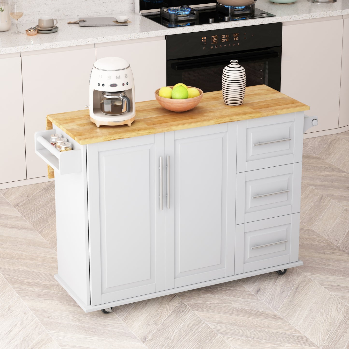 Kitchen Island Cart With Cabinet, 3 Drawers, Spice Rack, Towel Rack, 43.31  Wide