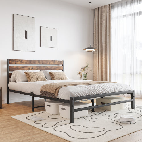 Queen-Size-Platform-Bettgestell mit rustikalem, vintage Holz-Kopfteil, starke Metallleisten stützen die Matratzenunterlage, keine Boxspring-Federkern erforderlich, rustikales Braun