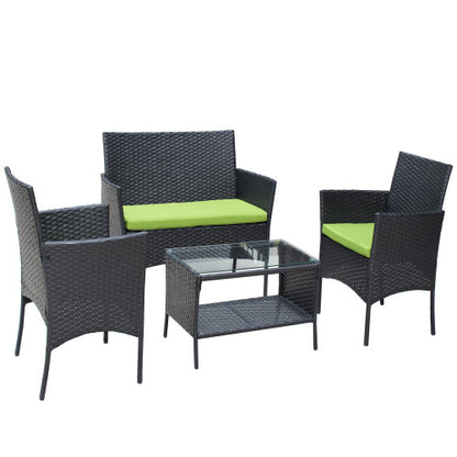 4er-PC-Rattan-Patio-Möbel-Set für den Außenbereich mit gepolsterten Sitzen Korbsofa mit grünem Polster