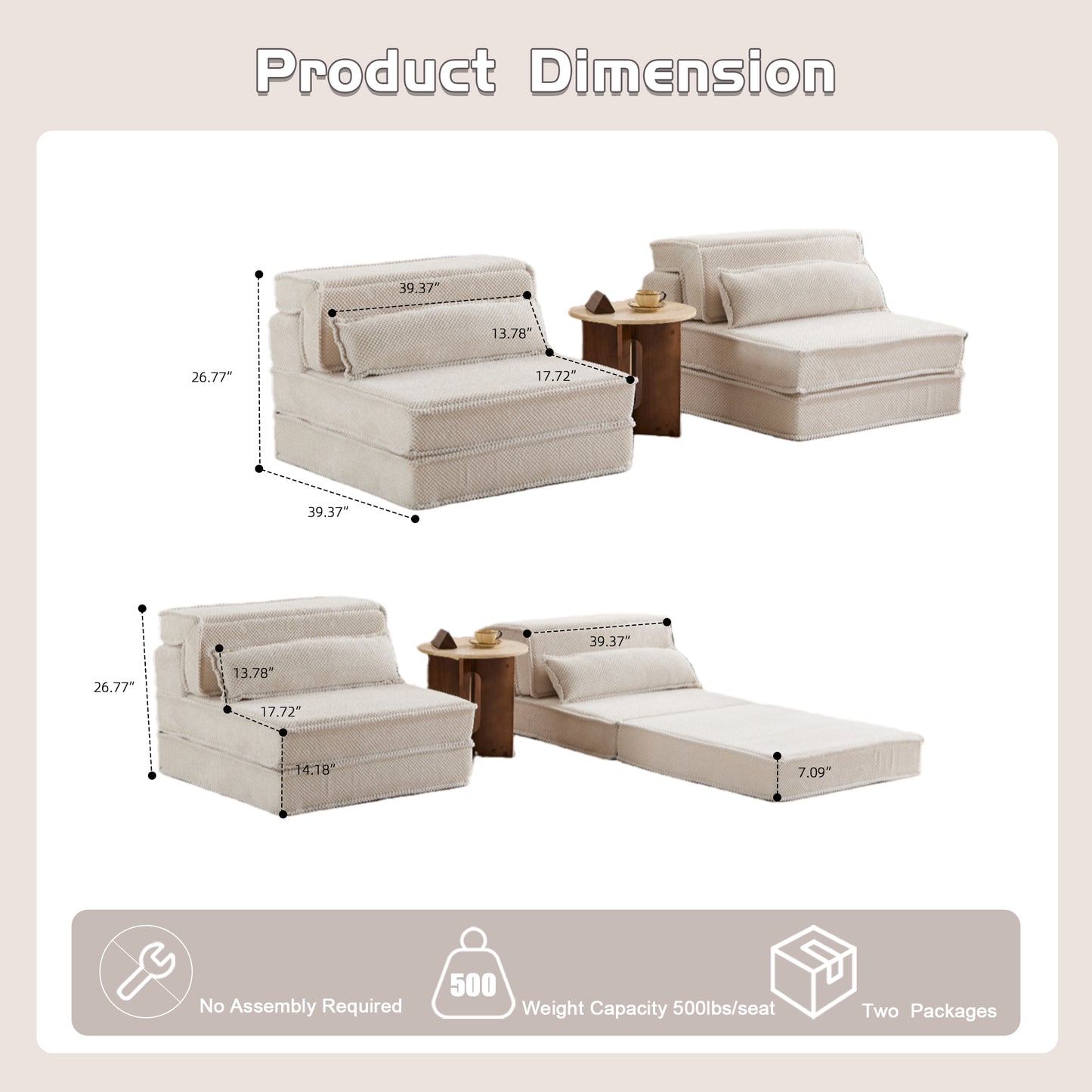 Kompressions-Mahjong-Sofa, umklappbares Boden-Sofabett, DIY knochenloses modulares Sektionssofa, keine Montage erforderlich, Kreis-Fleece-Stoff, überdimensioniertes 2-Sitzer-Sofa mit 2 Kissen, Weiß